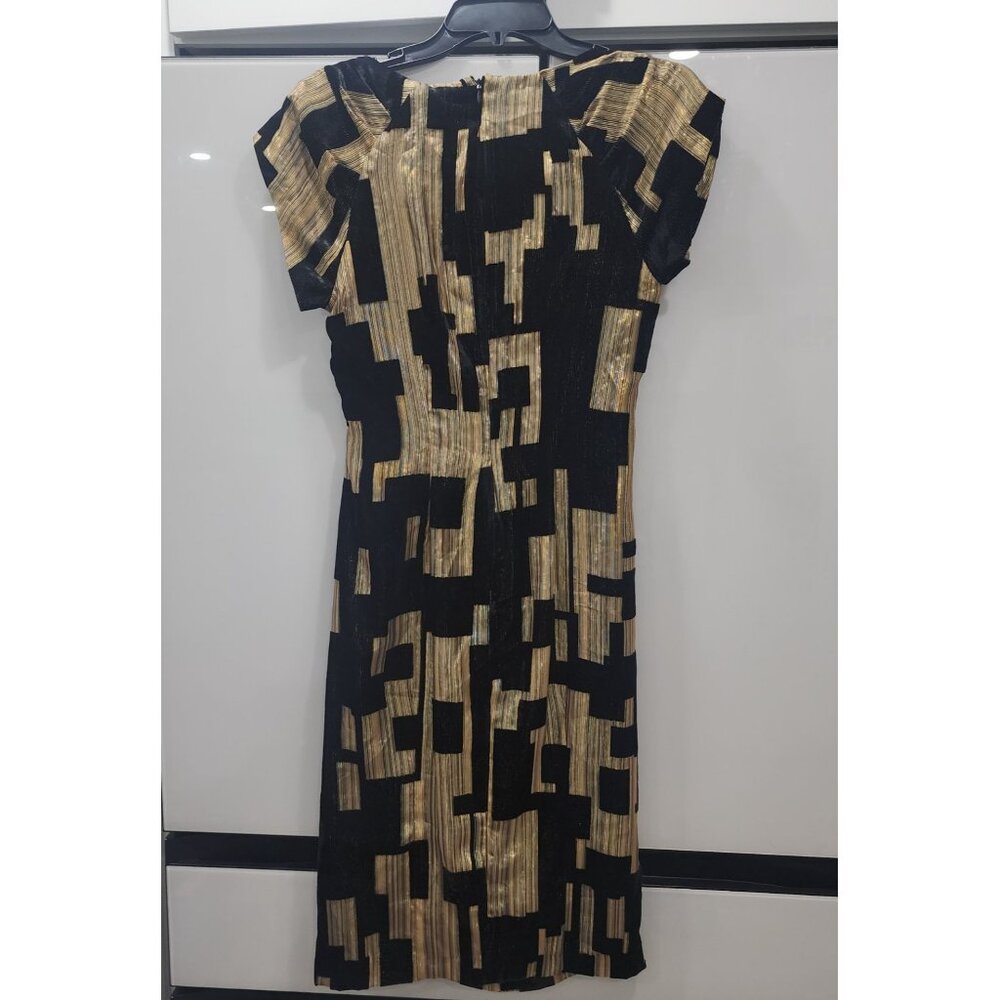 Donnakaran New York Black & Gold Geometric Short Sleeve Midi Dress Size 2 - Picture 5 of 6